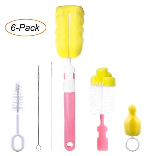 Bottle Brush Cleaner Kit, 6 pcs Shinybaby Cleaning Brush Set for Cups Sports Bottle Baby Bottle Nipple Straws and More (Pink)
