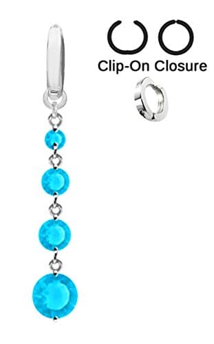 Fake Belly Navel Non Clip on Aqua Lt Blue 4 Prong Set gems Small to Large Long Dangle Ring