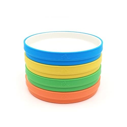 – Elk and Friends Kids 7.8” Porcelain White Plates with Silicone Sleeves | Suitable for Babies/Toddlers | Microwave & Dishwasher Safe | Non Slip Dinnerware | Snack Dishes | 4 Pack