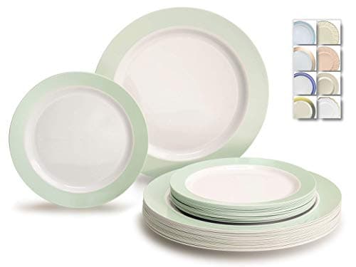" OCCASIONS " 120 Plates Pack,(60 Guests) Heavyweight Premium Wedding Party Disposable Plastic Plates -60x10.25'' Dinner+60x7.5'' Salad/Dessert (Rio Collection White & Pearled Green)