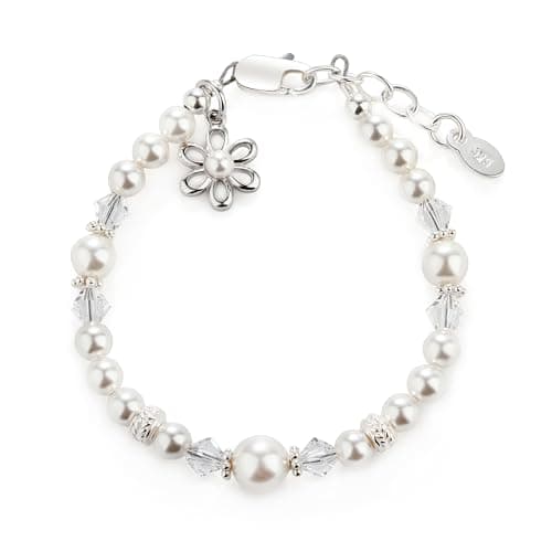 Cherished Moments Baby or Children's Sterling Silver Flower Girl Bracelet with High-End Simulated Pearls with Daisy Charm for Infants, Toddlers, Kids, or Little Girls