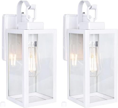 YN-WL009 Outdoor Wall Sconce with Dusk to Dawn Photocell Sensor, Traditional One Light Porch Light, Weather Resistant, Stainless Metal Housing, Clear Glass, White, 2-Pack