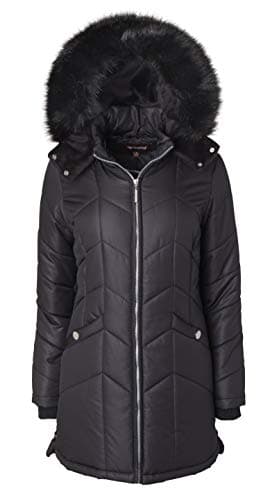 Women Long Down Alternative Winter Puffer Coat Zip-Off Plush Lined Fur Trim Hood