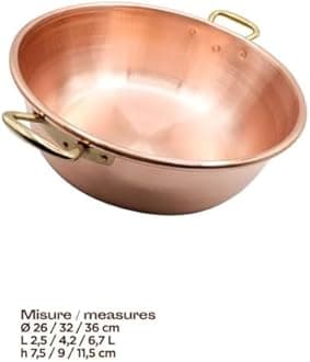 100% Made in Italy - Copper Jam Pan 10.2 x 3 Inch 2.6 Quart Handmade, Hand Hammered Pan with 2 Handles