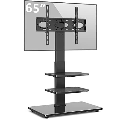 Rfiver Universal Floor TV Stand with Swivel Mount and Adjustable Media Shelves for 32 37 43 47 50 55 60 65 inch Flat/Curved Screen TVs, Internal Wire Management and Tempered Glass Base, Black TF2002