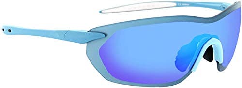 Optic Nerve, Fixie Pro, Unisex Sunglasses, Full Rimless Eyewear - Matte Aluminum Blue Frame with White Tips, Brown with Light Blue Flash Lens