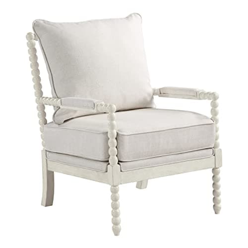 OSP Home Furnishings Kaylee Spindle Accent Chair with Antique White Wood Frame, White Linen Fabric