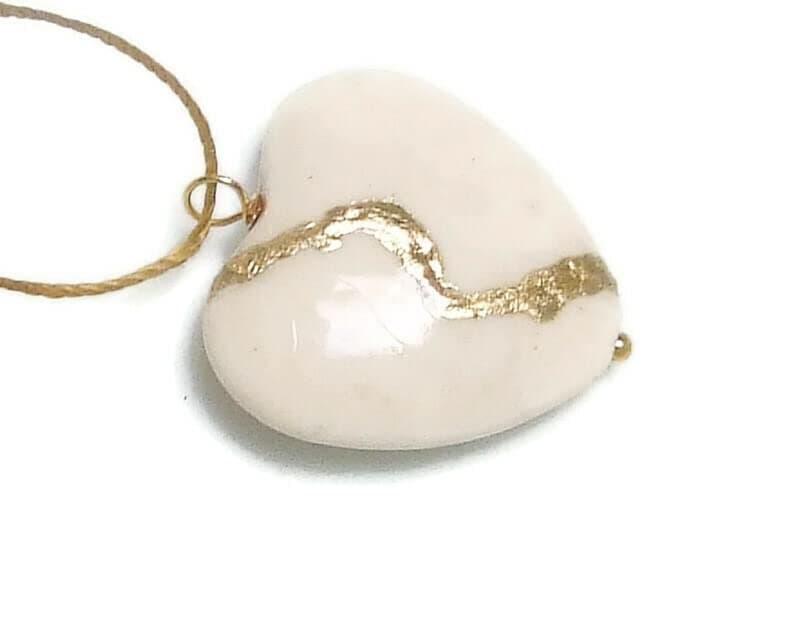 Large 1" White Howlite Broken Heart Mended with 23k Gold, Kintsugi Cord Necklace