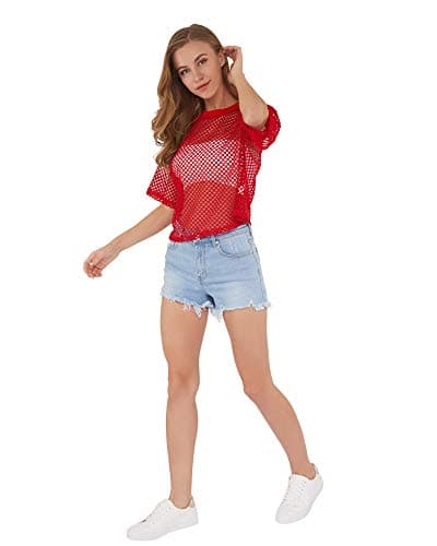 CLOZOZ Women's Mesh Crop Top See Through Fishnet Shirt Crew Neck Sheer Cover Up