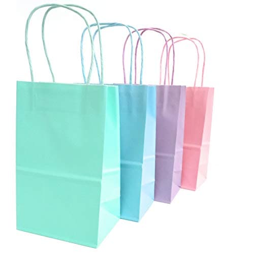 Kelkaa Party Kraft Bags 24pcs 5.25x3.5x8.5 Inches, Paper Bags with Handles for Birthday, Wedding Party Favors, Bachelorette Party,Tote Bags for Party Themes, Pastel Pink, Blue, Green, Purple (Small)
