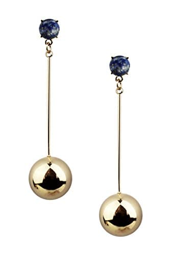 Mina Gold Polished Sphere Ball Long Straight 3 Inch Drop Dangle with Marble Stud Accent Blue Earring