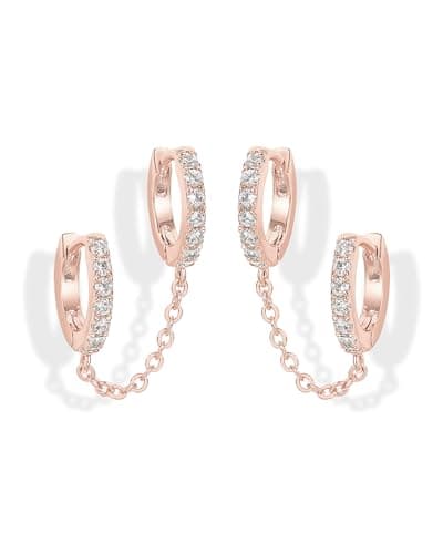 PAVOI 14K Gold Chain Earrings for Women | Double Piercing Dangle Chain Huggie Hoop Earrings | Cubic Zirconia Pearl Stud Earrings for Women