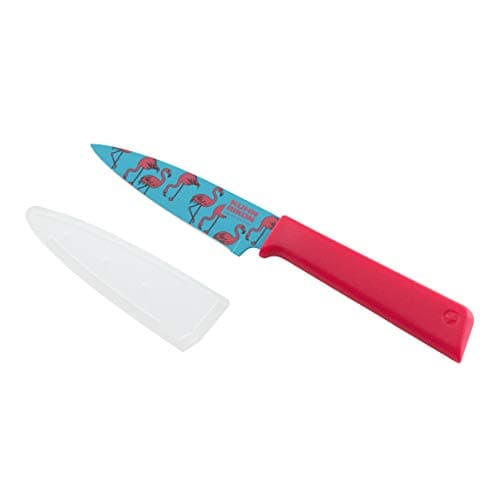 KUHN RIKON COLORI+ Non-Stick Straight Paring Knife with Safety Sheath, 19 cm, Tropics Flamingo, Stainless Steel