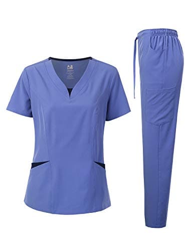 Dagacci Medical Uniform® Scrubs for Women Set – 4-Way Stretch Contrast V-Neck Top and Pants Sets for Women – 9 Pockets
