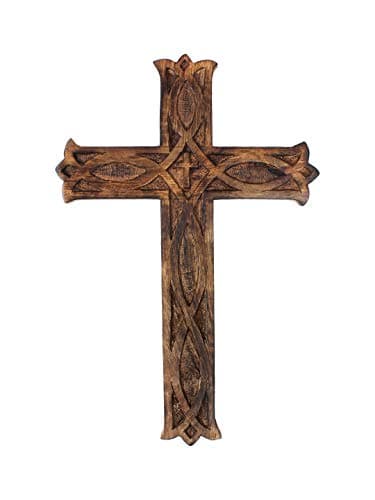 Artisans Of India Wooden Cross Plaque Long Hanging with Hand Carvings Religious Altar Home Living Room Decor (12 Inches Long)