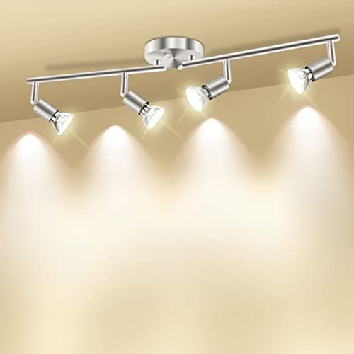HURYEE Road Lighting Kit, Adjustable Road Handle 4 Head Foldable Ceiling Spotlight GU10 Socket, Brush Nickel, No Bulbs Included