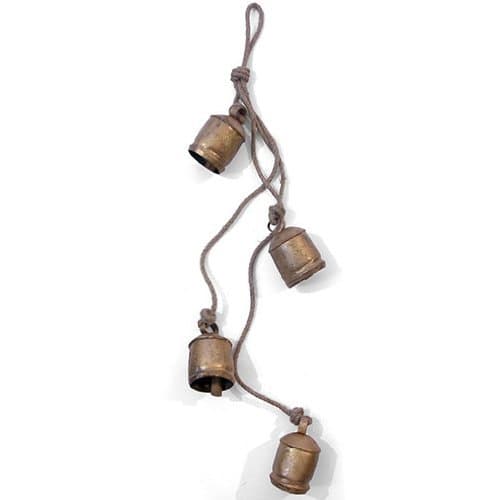 Chunky Rustic Vintage Indian Cow Bells on Rope Wall Hanging Décor, Metal, Gold, 6 x 6 x 83 cm
