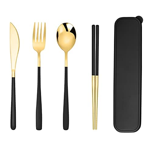 Iktu Premium Gold Plated 304 Stainless Steel Fork Spoon Chopstick Set Flatware Dinnerware Cutlery Tableware Set (Black)