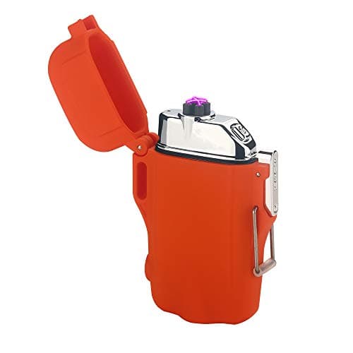Waterproof Lighter,Outdoor Windproof Flameless Dual Arc Lighter USB Rechargeable Electric Lighter with Flashlight for Camping Hiking Outdoor Survival (Orange)
