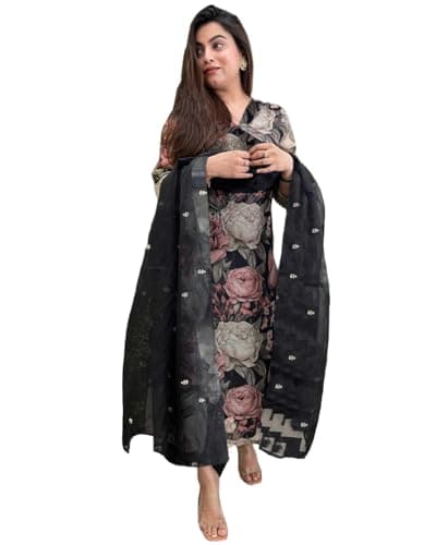 GoSriKi Women's Cotton Blend Straight Printed Kurta with Pant & Dupatta