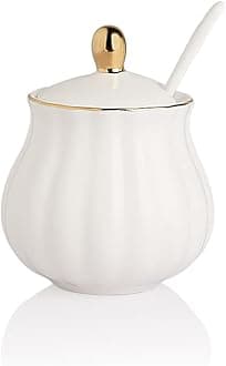 Sweejar Royal Ceramic Sugar Bowl, 8 Ounce Sugar Container with Spoon and Lid, Porcelain Salt Bowl Salt Container, Sugar Holder for Coffee Bar, Home and Kitchen(White)