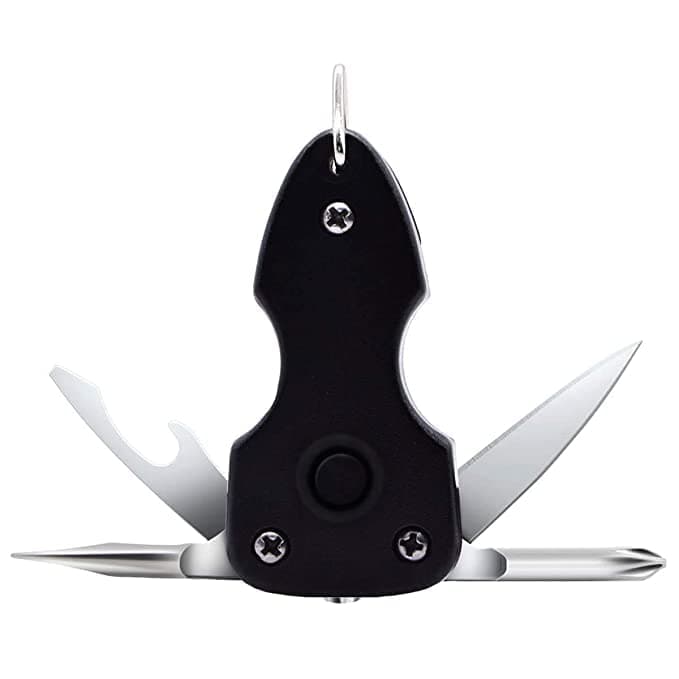 StealodealMetal Black Keychain With Torch, Screwdriver, Knife & Bottle Opener Key Chain (Black)