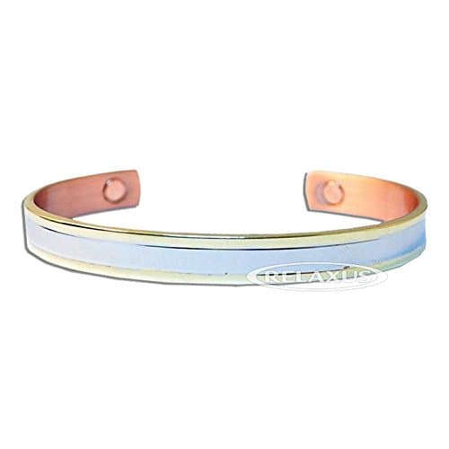 DESIGNER GOLD & SILVER 2 TONE COPPER MAGNETIC BANGLE BRACELET - HIGH STRENGTH MAGNETS. MAGNETIC COPPER BANGLE FOR ARTHRITIS AID, PAIN RELIEF, TENDONITIS, CARPAL TUNNEL, RHEUMATISM, SPORTS, EXERCISE, GARDENING INCREASING BLOOD FLOW TO BOOST NATURAL HEALING. ADJUSTS TO FIT MOST SIZED WRISTS