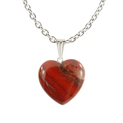 Steampunkers USA Chained Big Heart Collection - 20mm Classic Red Jasper Striped – 22” Stainless Steel 3mm Chain – Stainless Steel Bail – Natural Crystal Gemstone Carved Necklace Charm