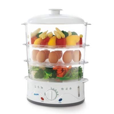Glen Elecrtric Food Steamer 900w with 60 Minute Timer, 3 Food Grade Containers - White (3052)