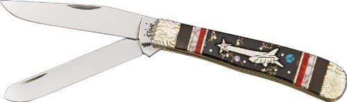 Brian Yellowhorse Knives 175 Custom Case Custom Case Trapper Pocket Knife with Gold Vein, White & Blue Turquoise,Red Bloody Jasper, & Orange Coral Desert Ironwood Handles