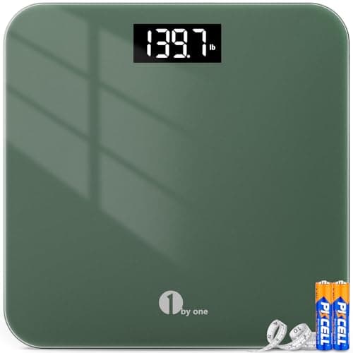 1 by one Digital Body Weight Scale, Bathroom Weighing Scale for People with Large LED Display, 400 lbs ,Tape Measure and Batteries Included, Green