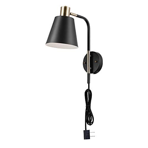 GLOBE Electric 51374 Cleo 1-Light Plug-in or Hardwire Wall Sconce, Matte, Antique Brass Accents, Black Cloth Cord, 14.44