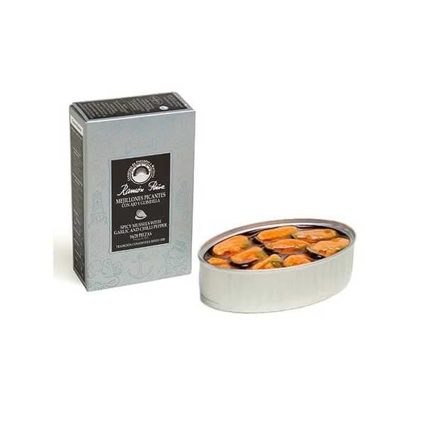 Canned Mussels in Spicy Chili & Garlic Sauce | Ramon Pena Silver Line Tin | 1 x 110g Can