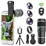 Cell Phone Camera Lens, 5 in 1 Telephoto Lens Kit, 12x Telephoto Lens+Fisheye Lens+0.65x Wide Angle Lens+Macro Lens+Star Filter Lens, Tripod+Remote Shutter for iPhone x 8 7 6S plus, Samsung Smartphone