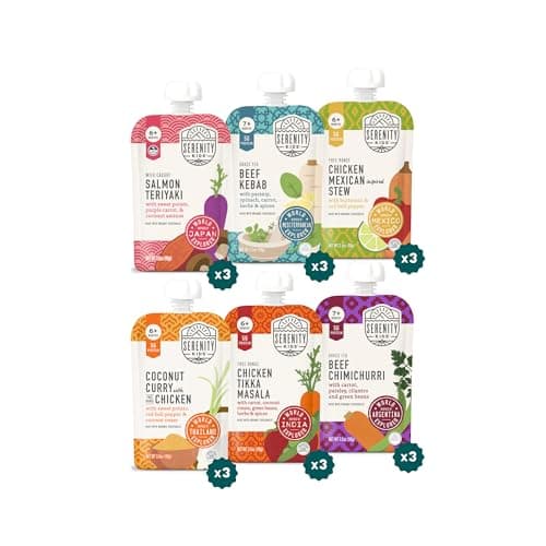 Serenity Kids 7+ Months World Explorers Baby Food Pouches Puree Made w/ Ethically Sourced Meats & Org. Veggies - 3.5 Oz BPA-Free Pouch - World Explorers Variety Pack - 18 Count - Baby Meat Pouch Set