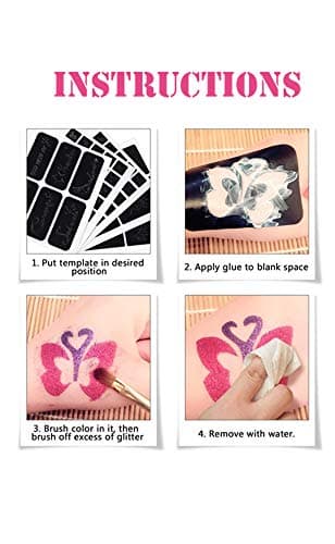 Glitter Tattoo Kits Powder Temporary Tattoo Body Painting with 12 Glitter Colors,30 Uniquely Themed Temporary Tattoo Stencils,1 Glue Applicator Bottles & 2 Glitter Brushes for Children, Teenager