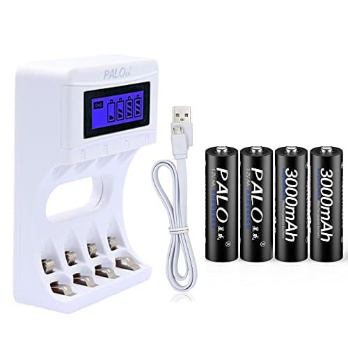 PALO Intelligent 4 Slots Smart LCD Battery Charger Rechargeable USB Charger with 4pcs 3000mAh Rechargeable Batteries (Charger with 4pcs AA Batteries)