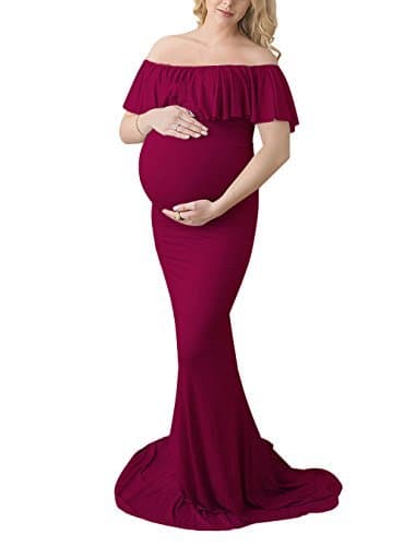 JustVH Maternity Fitted Elegant Gown Long Sleeve Off Shoulder Ruffles Maxi Photography Dress for Photoshoot