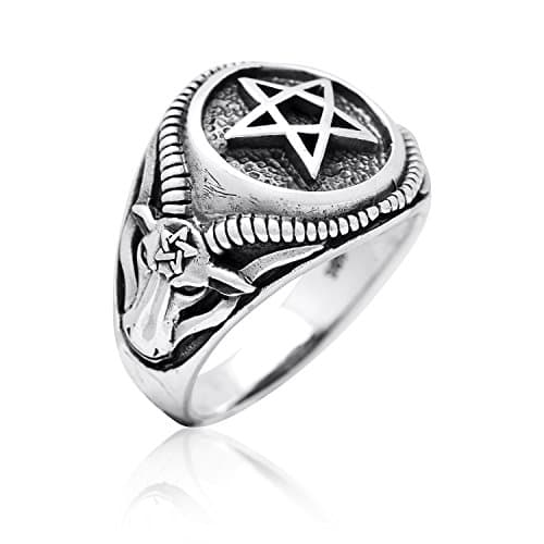Sterling Silver Sigil of Baphomet Inverted Pentagram Horned Sabbatic Goat of Mendes Ram Satanic Ring