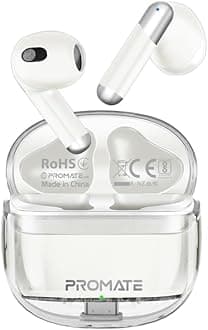 Promate Earbuds, In-Ear True Wireless Bluetooth v5.3 Earphones, Transparent Case, 26-hour Playback Time, Intelligent Touch Controls, 350mAh Battery Capacity for iPhone 15, Galaxy S23, TRANSPODS.WHITE
