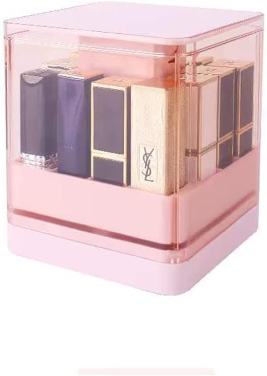 Lipstick Holder Dust Free ，Press-Type Automatic Lift Lipstick Storage Box Holds 12 Lipsticks, Fit Most Lipsticks Transparent Lip Gloss (Pink)