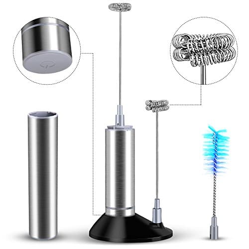 Koeson Milk Frother Handheld Electric Foam Maker for Coffee, Latte, Battery Operated Drink Mixer With 2 Detachable Stainless Steel Whisks, a Pedestal, a Clean Brush and a Storage Tube,Gray