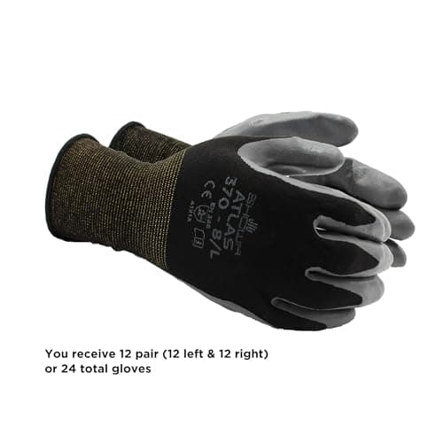 SHOWA Atlas 370BM-07 Nitrile Palm Coating Glove, Black, Medium (Pack of 12 Pairs)