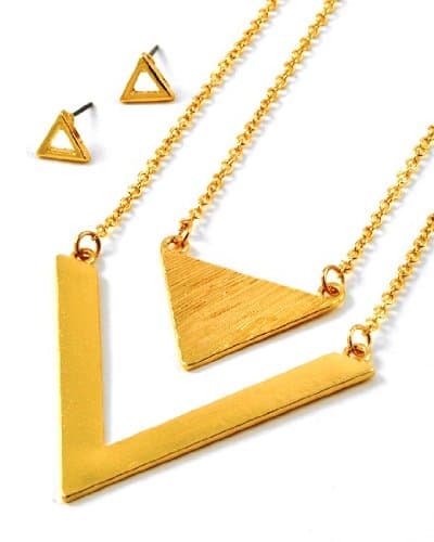 Long Goldtone Chevron Double Strand Pendant Necklace and Earring Set Fashion Jewelry