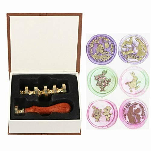 Wax Seal Stamp Kit, SeeSky 6 Pieces Rabbit Sealing Wax Stamps Copper Seals + 1 Piece Wooden Hilt, Retro Seal Stamp Christmas Gift for Invitations Letters