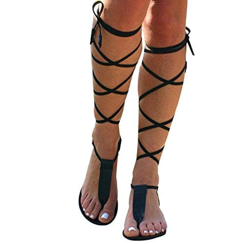 Women Gladiator Sandals Flat,Summer Strappy Lace Up Open Toe Knee High Flat Sandal Black