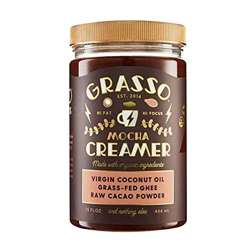 Mocha Coffee Creamer, Grasso Foods, High-Fat and Low-Sugar, Organic Coconut Oil, Grass Fed Ghee, and Raw Cacao Powder, Shelf-Stable 15 oz jar 30 Servings