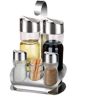 Artmice-Salt And Pepper Shakers,Glass Cruet Set with Stand Oil Vinegar Dispenser Salt and Pepper Shaker Bottles Picnic Table Condiment Server Holder, 5 piece (Style A)