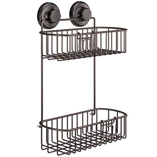 Shower Caddy with Suction Cups | 304 Stainless Steel | Adhesive 3M Stick Discs | 2 Tier Basket for Bathroom and Kitchen Storage (Bronze)