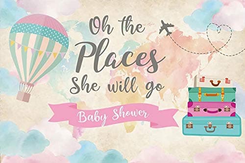 Baocicco 5x3ft Oh The Places She Will Go Baby Shower Backdrop Airplane World Map Suitcase Hot Air Balloon Pink Banner Photography Background Travel Girl Baby Shower Decoration Photo Banner Video